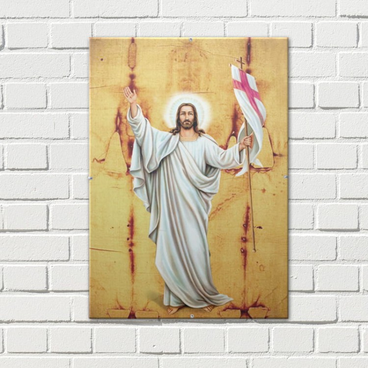 Jezus Zmartwychwstały na tle Całunu Turyńskiego - Obrazek w antyramie