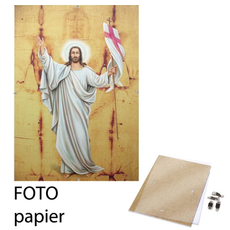 Obrazek religijny z Jezusem Chrystusem Zmartwychwstałym - tło Całun Turyński