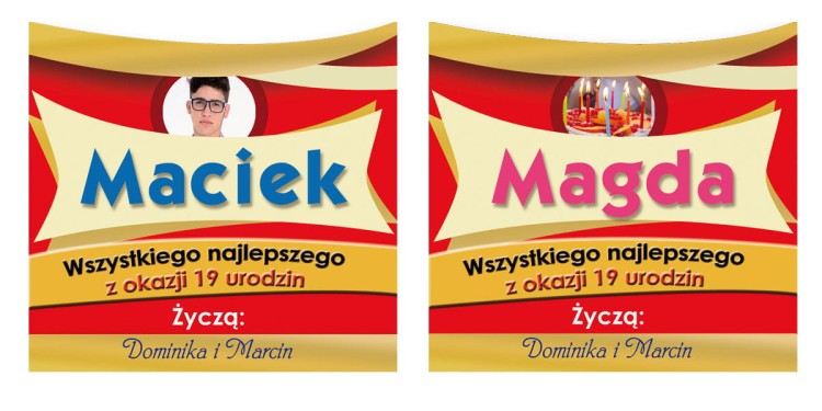 Etykiety personalizowane - butelka z cukierkami, wino lub szampan - na urodziny