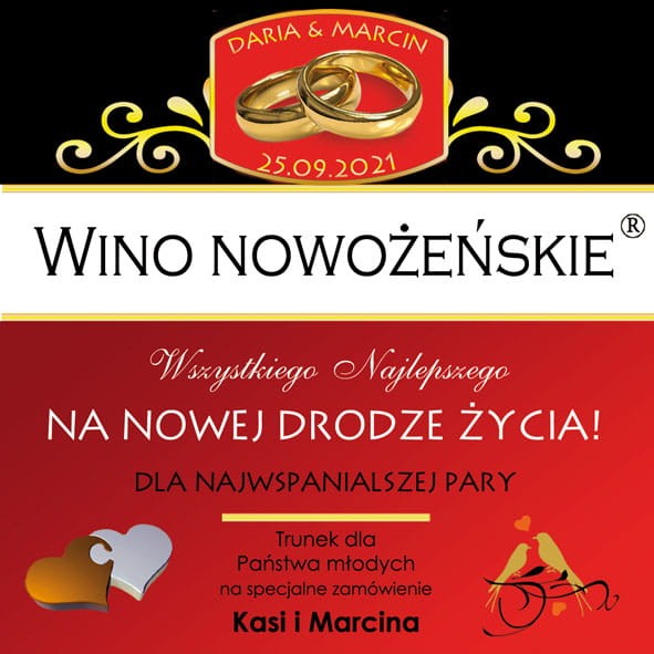 Personalizowana naklejka na wino z dedykacją na ślub