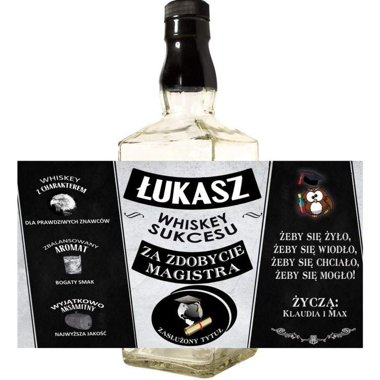 Etykieta personalizowana na whiskey Jacka Danielsa - z okazji obrony pracy licencjackiej, inżynierskiej, magisterskiej