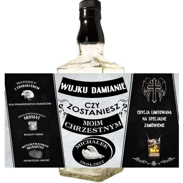 Etykieta personalizowana na whiskey Jacka Danielsa - z prośbą dla chrzestnej lub chrzestnego
