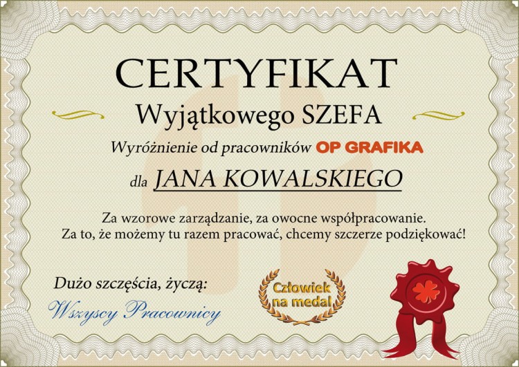 Dyplom z podziękowaniem dla szefa i z życzeniami - wyjątkowy certyfikat poziomy