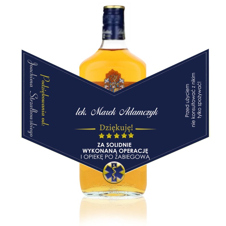 Podziękowanie dla lekarza - etykieta na whisky Ballantines z personalziacją