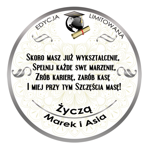 Etykieta z wierszykiem z okazji zdania szkoły wyższej, średniej na wino Martini
