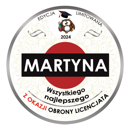 Etykieta z personalizacją dla absolwenta studiów: licencjata magistra na Martini