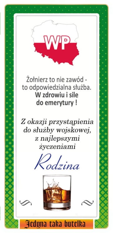 Etykieta Jegermaister z personalizacją z okazji przysięgi żołnierskiej