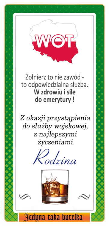 Etykieta Jegermaister z personalizacją z okazji przysięgi żołnierskiej WOT