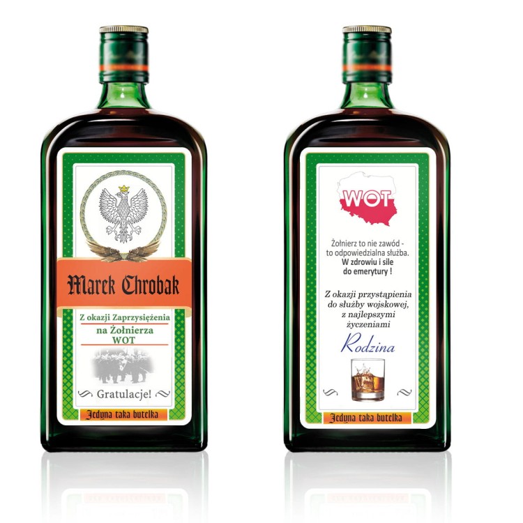 Wyjątkowy prezent na przysięgę żołnierską  WOT - Etykiety personalizowane Jagermeiester z okazji Przysięgi wojskowej