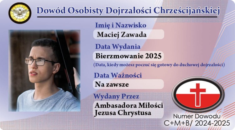 Dowód Osobisty Dojrzałości Chrześcijańskiej - Pamiatka z Bierzmowania