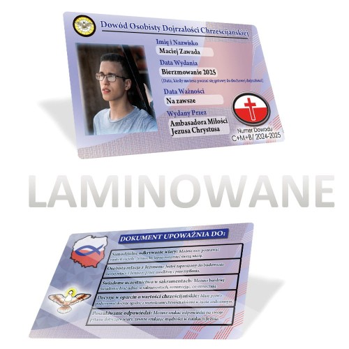 Laminowany dokuemnt Poświadczajacy przyjęcie sakramentu Bierzmowania