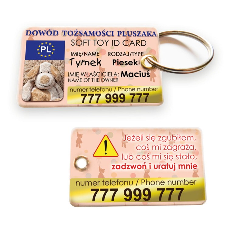 Dowód osobisty pluszaka -zawieszka z numerem telefonu w razie zgubienia