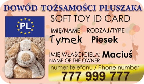 Adresówka przypinka do maskotki - zabezpieczenie przed zgubieniem