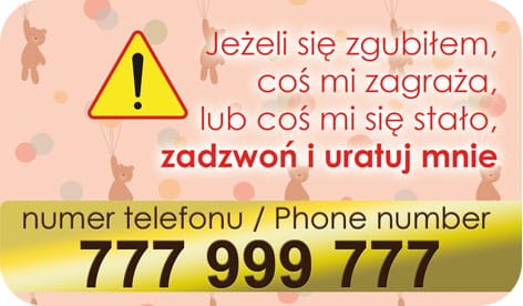 Plakietka do zabawki z numerem telefonu w razie zgubienia