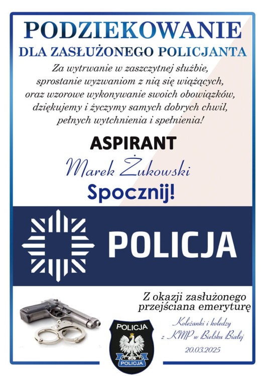 Prezent na emeryturę Policjanta - ramka z życzeniami z podziękowaniem za pracę