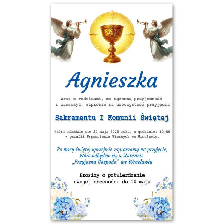 Zaproszenie personalizowane I Komunia Święta: SMS, komunikator, Mail
