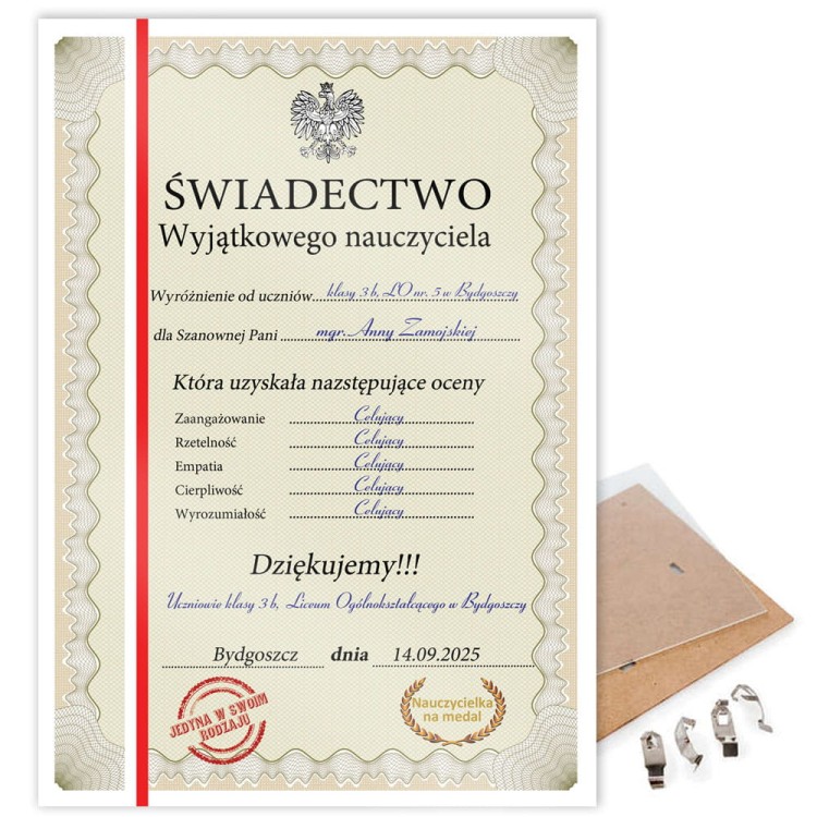 Personalizowane Świadectwo Wyjątkowego nauczyciela - prezent dla nauczycielki