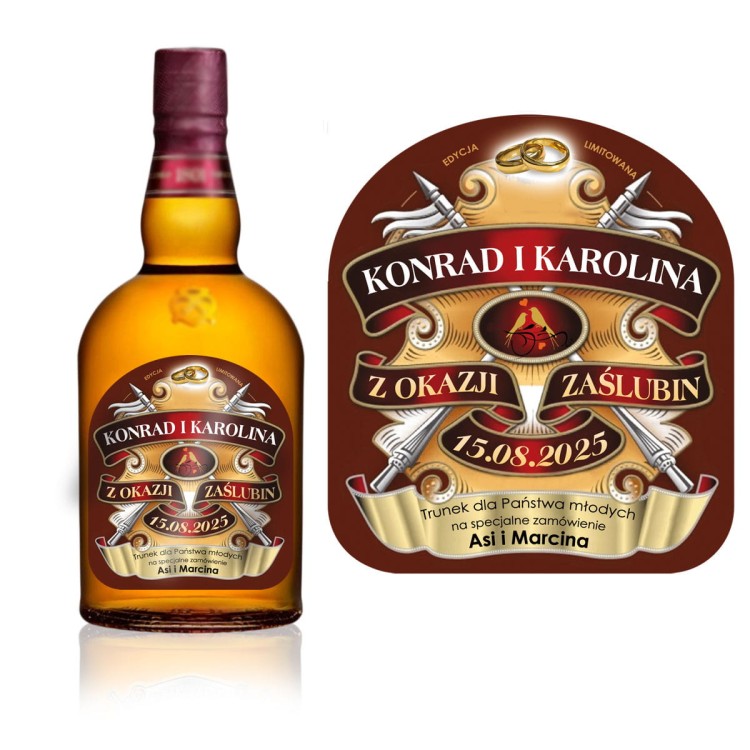 Prezent z okazji ślubu - etykieta z personalizacją na whisky dla nowożeńców