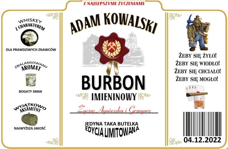 Etykieta JIM BEAM z dedykacją dla górnika na Barbórkę