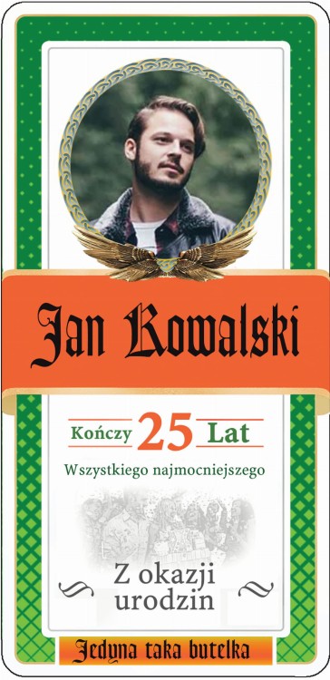 Etykieta urodzinowa z personalizacją na Jagera ze zdjęciem i z życzeniami