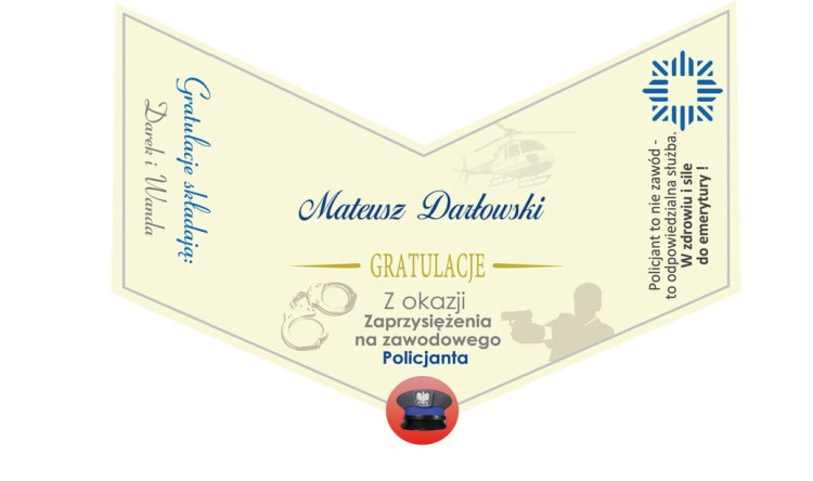 Etykieta z gratulacjami na ślubowanie dla policjanta, policjantki na whiskey Ballantines