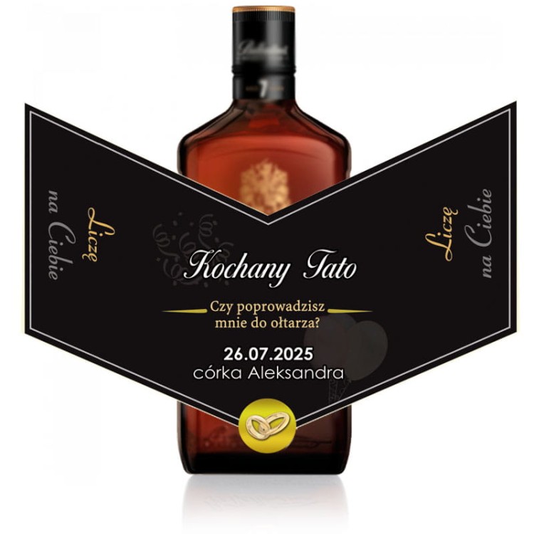Etykieta personalizowana z prośbą o poprowadzenie do ołtarza na czarny Ballantines