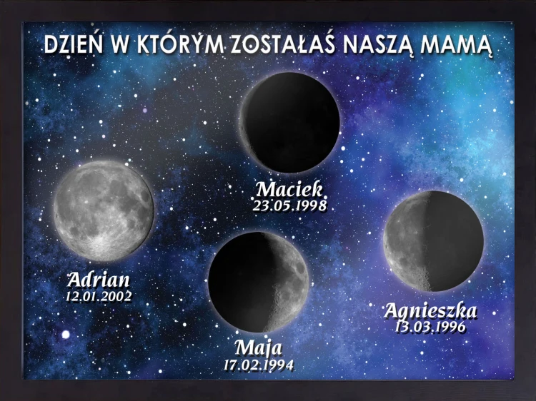 Faza księżyca  w stylowej ramce z personalizacją dla Mamy w odniesieniu do daty narodzin syna, córki