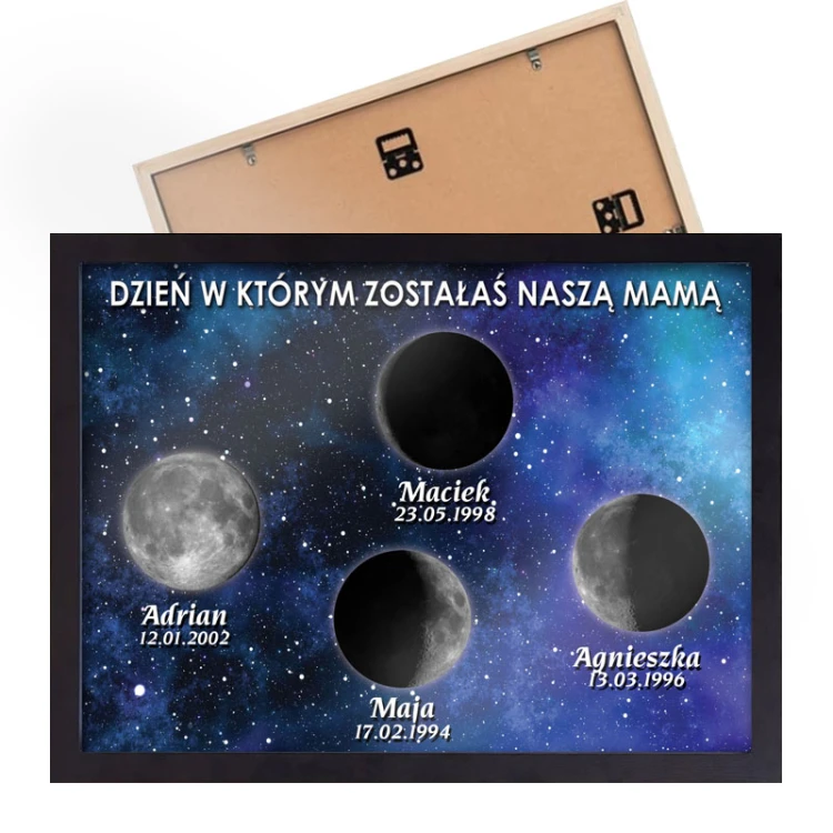 Personalizowany plakat z  fazami księżyca z okazji Dnia Matki - z datami narodzin dzieci