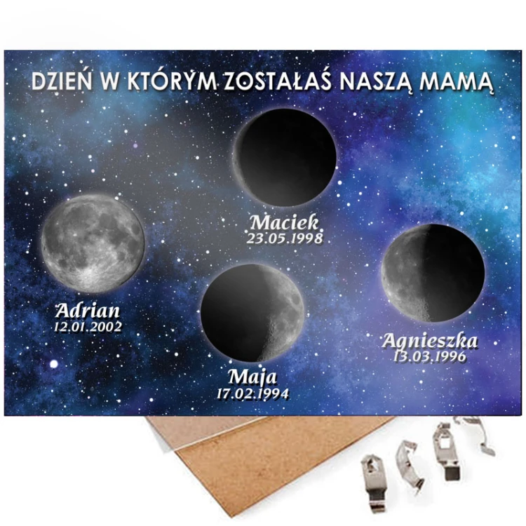Fazy księżyca z personalizacją Dla Mamy w antyramie. Plakat z księżycami i datami zostania Mamą.