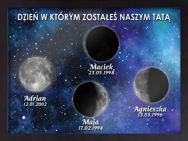 Faza księżyca  w stylowej ramce z personalizacją dla Taty w odniesieniu do daty narodzin syna, córki