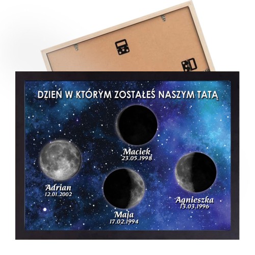 Personalizowany plakat z  fazami księżyca z okazji Dnia Ojca - z datami narodzin dzieci