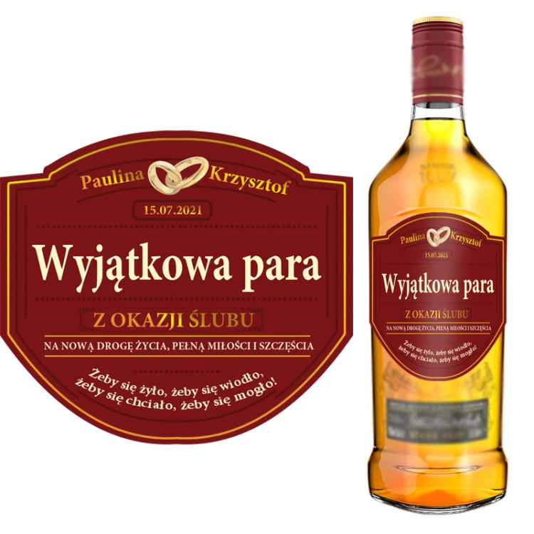 Prezent z okazji ślubu - etykieta z personalizacją na whisky GRANT's dla nowożeńców
