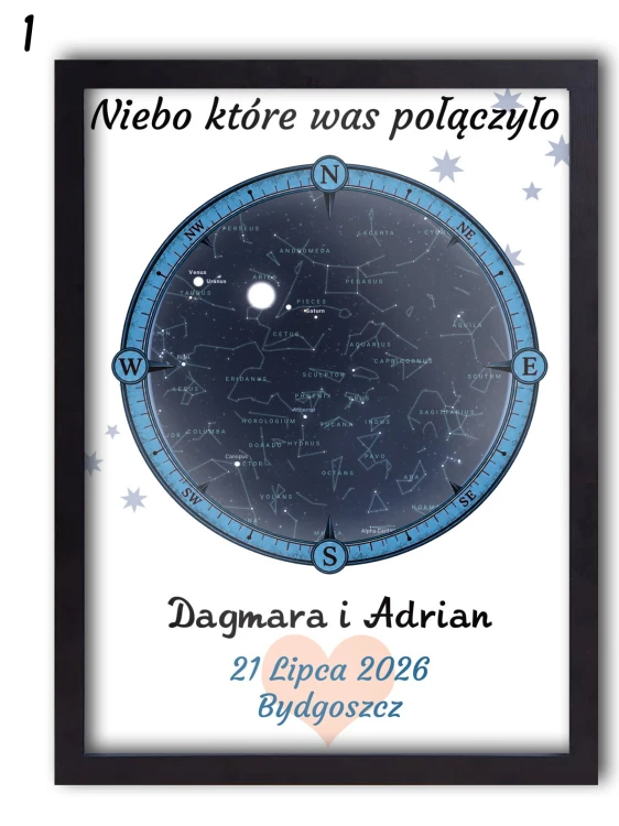 Mapa Gwiazd w stylowej ramce z personalizacją dla zakochanych w odniesieniu do daty i miejsca