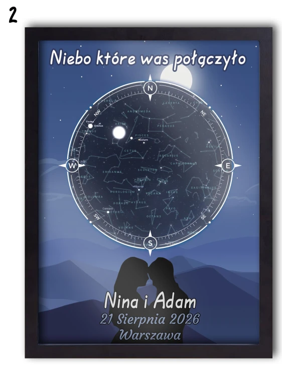 Personalizowana Mapa Gwiazd w stylowej ramce dla zakochanych w odniesieniu do daty i miejsca