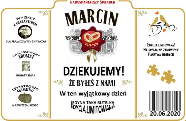 Podziękowanie dla świadka ślubu na etykiecie JIM BIM