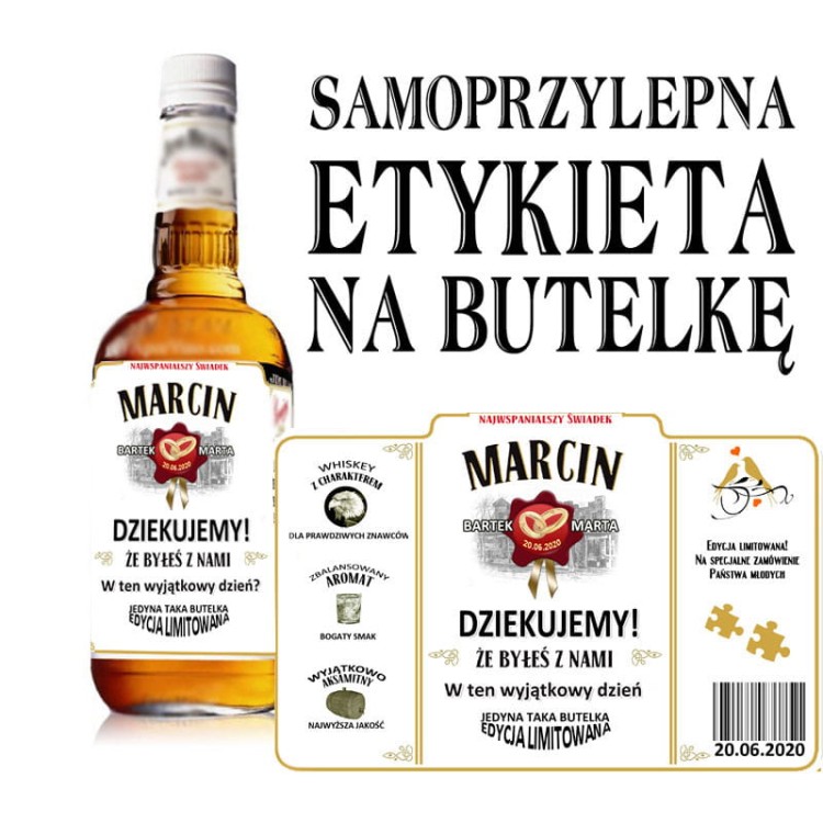 Etykieta personalizowana na whisky z podziękowaniem dla świadka ślubu