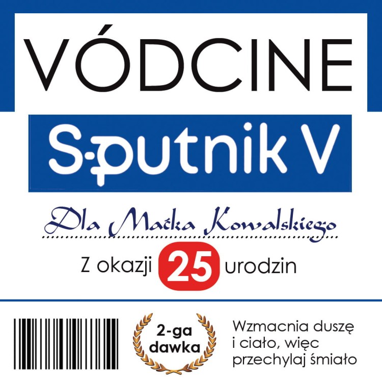 Etykieta personalizowana na urodziny ze szczepionką sputnik 1 dawka