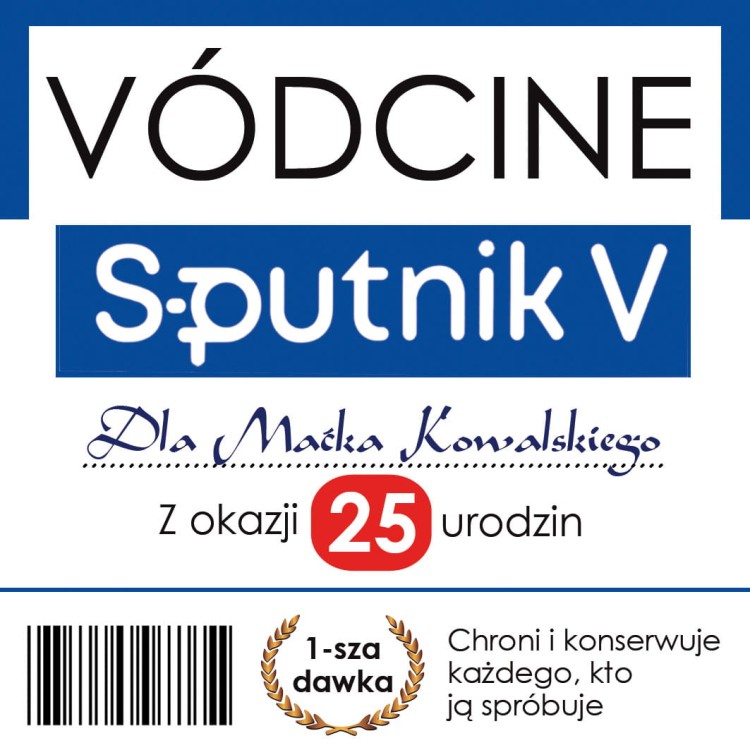 Etykieta personalizowana na urodziny ze szczepionką sputnik 2 dawka