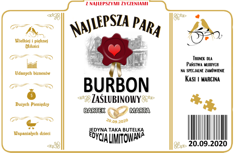 Oryginalny prezent Ślubny naklejka na Whisky JIM BIM