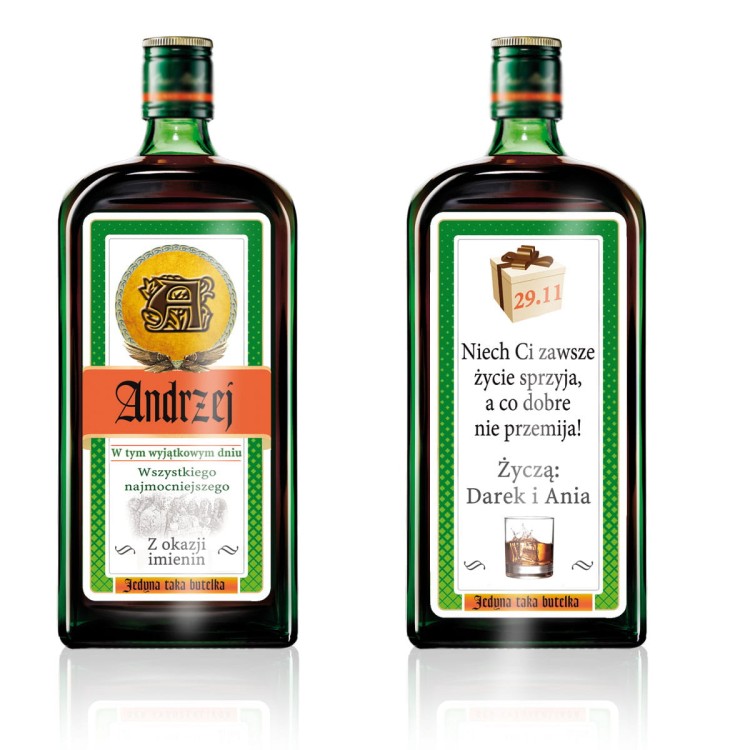 Etykieta personalizowana Jegermaister na imieniny i Andrzejki
