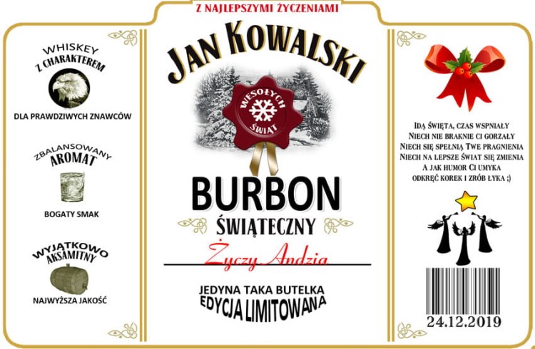 Etykieta na Jim Beama z imieniem i z życzeniami