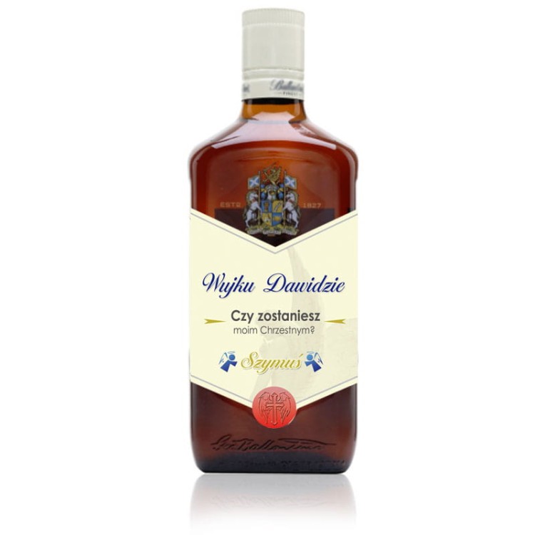 Prośba o bycie chrzestnym - etykieta na whiskey Ballant.