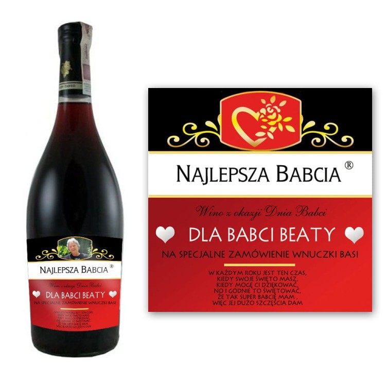 Etykieta na wino z okazji dnia babci - ze zdjęciem i  z życzeniami