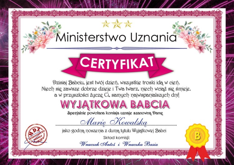 Certyfikat Wyjątkowej Babci w antyramie A4