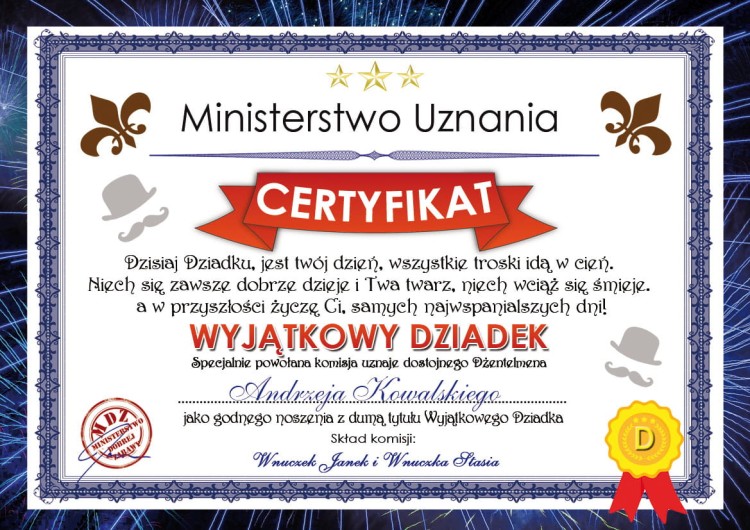 Certyfikat Wyjątkowego Dziadka - Dyplom na Dzień Dziadka