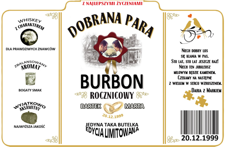 Prezent na rocznicę ślubu - etykieta personalizowana na Bourbon