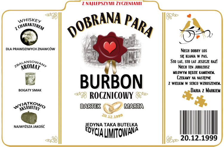Prezent na rocznicę ślubu - etykieta personalizowana na Burbon