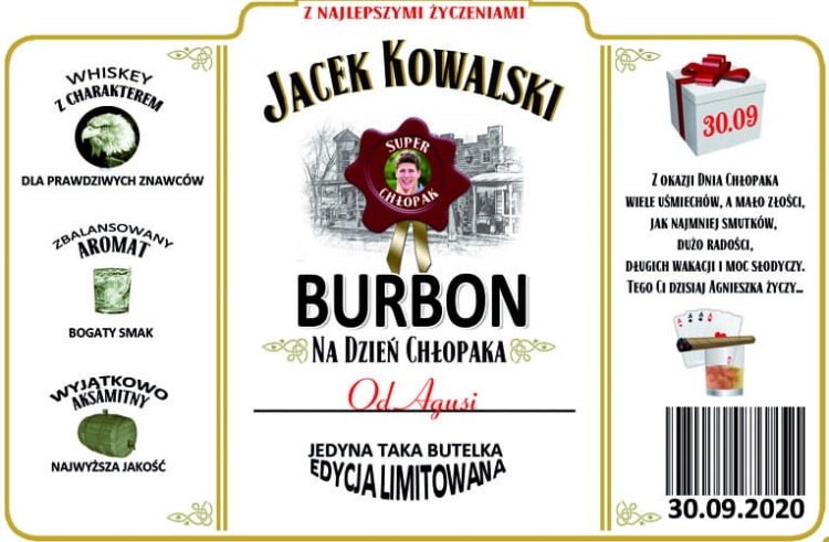 Etykieta z życzeniami  i zdjęciem JIM BIM dla niego