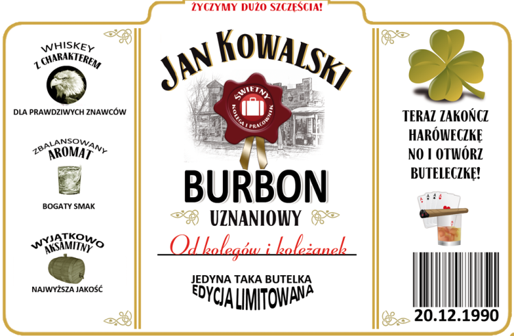 Etykieta personalizowana na JIM BIMA z okazji pożegnania w pracy