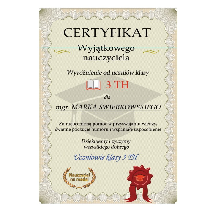 Certyfikat z podziękowaniem dla nauczyciela lub nauczycielki